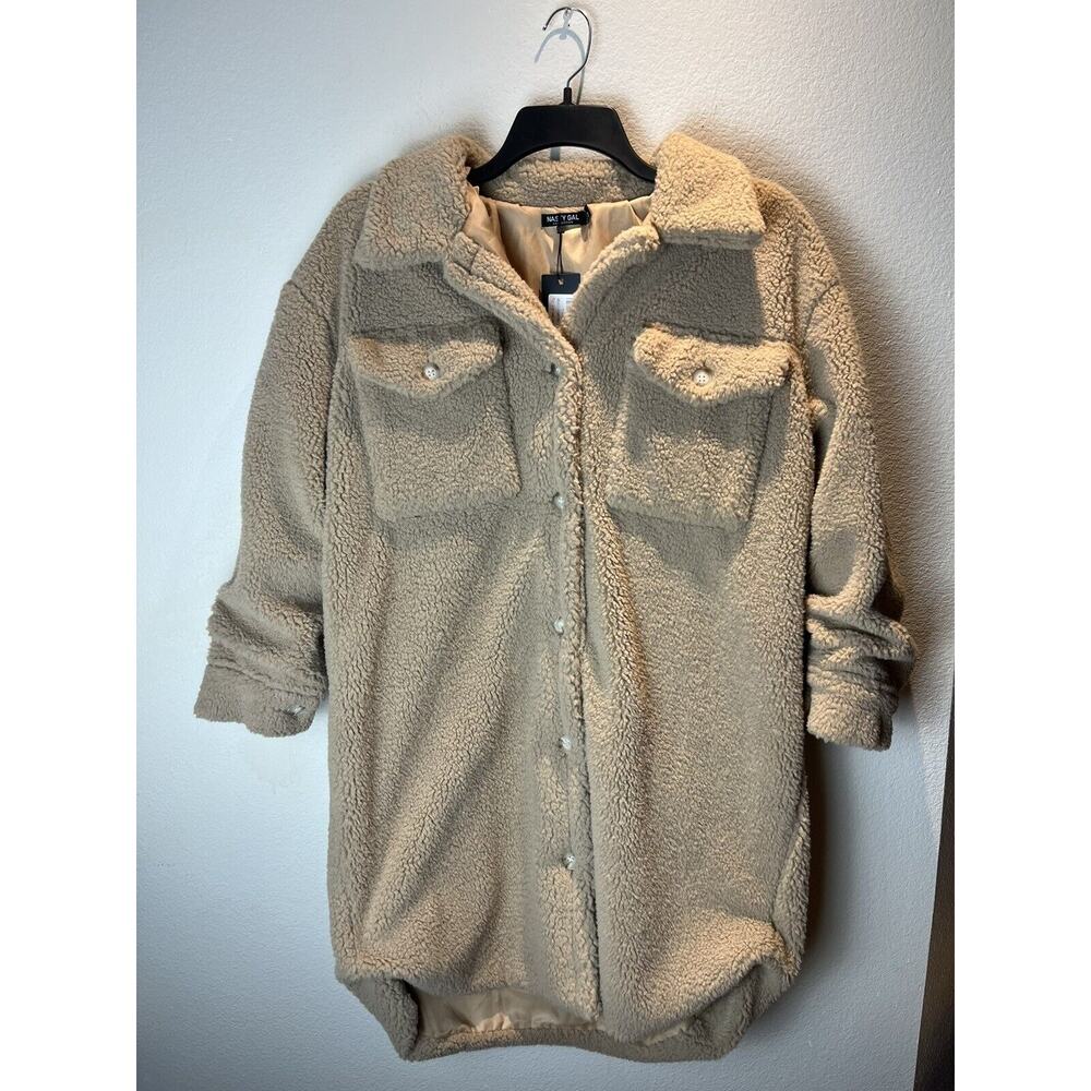 Nasty Gal, Plus Size Longline Borg Jacket, Tan, Size 16